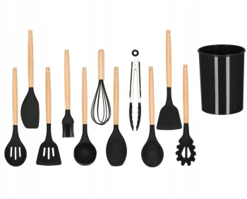 Set ustensile  bucatarie silicon si bambus negru 12 piese Springos 