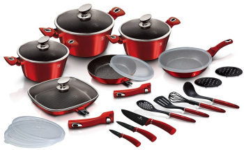 Set oale cratite tigai marmorate si ustensile bucatarie 24 piese METALLIC LINE Burgundy Edition Berlinger Haus BH 7184 