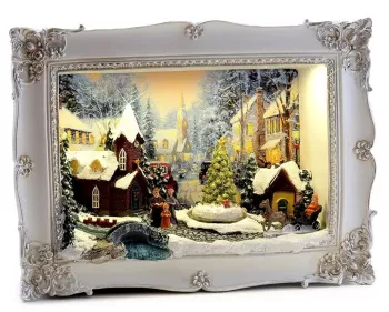 Decoratiune Craciun polirasina tablou de Craciun sat inzapezit LED 3xAA 28.5x8.2x21.2 cm Magic Home