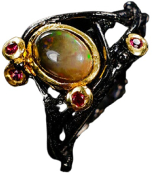 Inel bijuterie din argint 925 opal negru si rodolit 