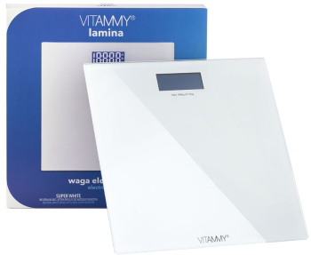 Cantar corporal electronic Vitammy Lamina pentru copii si adulti cu suprafata din sticla ecran digital tehnologie Step-on Alb