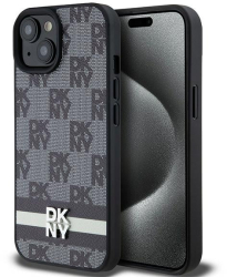 Husa iPhone 15 - DKNY Leather Checkered Mono Pattern & Printed Stripes DKHCP15SPCPTSSK - Black 
