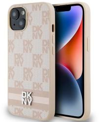 Husa iPhone 15 - DKNY Leather Checkered Mono Pattern & Printed Stripes DKHCP15SPCPTSSP - Pink 