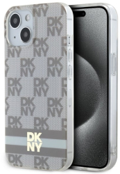 Husa iPhone 15 Plus - DKNY IML Checkered Mono Pattern & Printed Stripes MagSafe DKHMP15MHCPTSE - Beige 