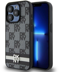 Husa iPhone 15 Pro - DKNY Leather Checkered Mono Pattern & Printed Stripes DKHCP15LPCPTSSK - Black 