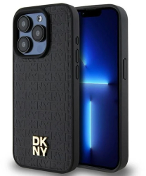 Husa iPhone 15 Pro - DKNY Leather Pattern Monogram Metal Logo MagSafe DKHMP15LPSHRPSK - Black 