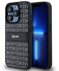 Husa iPhone 15 Pro Max - DKNY Leather Mono Stripe & Metal Logo DKHCP15XPRTHSLK - Black 