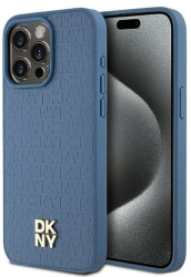 Husa iPhone 15 Pro Max - DKNY Leather Monogram Pattern Metal Logo MagSafe DKHMP15XPSHRPSB - Blue