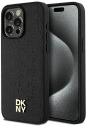 Husa iPhone 15 Pro Max - DKNY Leather Monogram Pattern Metal Logo MagSafe DKHMP15XPSHRPSK - Black 