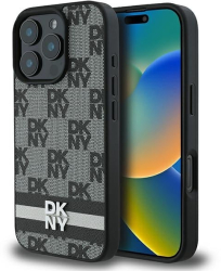Husa iPhone 16 Pro - DKNY Leather ardcase Checkered Pattern & Printed Stripes DKHCP16LPCPTSSK - Black 
