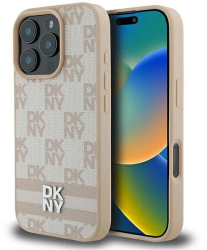 Husa iPhone 16 Pro Max - DKNY Leather Hardcase Checkered Pattern & Printed Stripes DKHCP16XPCPTSSP - Pink 
