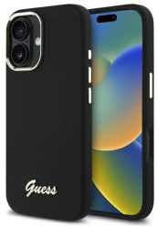 Husa pentru iPhone 16 Plus - Guess Silicone Script Metal Logo & Frame GUHCP16MSMBSLK - Black 