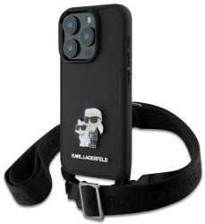 Husa pentru iPhone 16 Pro - Karl Lagerfeld Saffiano Crossbody KLHCP16LSAKCPBK - Metal Pin Karl&Choupette 