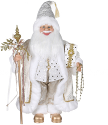 Decoratiune Craciun Mos Craciun catifea si blanita alb cu auriu 30 cm 