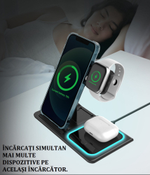 Incarcator Wireless Statie de Incarcare Pentru 3 Dispozitive Simultan Fast Charger de 15W 