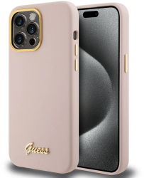 Husa pentru iPhone 15 Pro Max - Guess Silicone Script Metal Logo & Frame GUHCP15XSMBSLP - Light Pink 