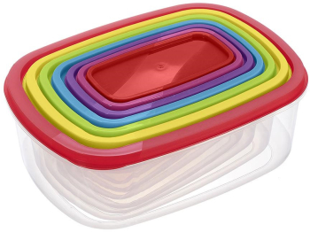 Set 7 caserole dreptunghiulare cu capac diverse marimi capace multicolor 