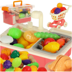 Set chiuveta si plita de jucarie cu accesorii legume si fructe de taiat asortate in cutie de depozitare 