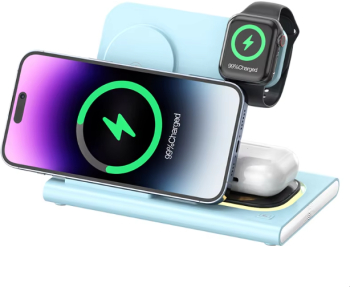 Incarcator Wireless 3 In 1 Fast Charger 15W Compatibil Cu Apple Airpods si Android Samsung Huawei Xiaomi albastru