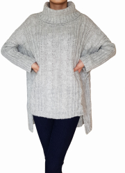 Pulover dama Samantha tip poncho cu guler inalt tricotat acril gri melange universal 