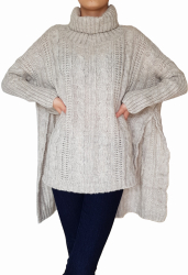 Pulover dama Samantha tip poncho cu guler inalt tricotat acril universal bej melange 