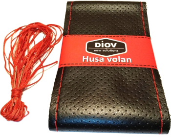 Husa Volan Premium din Piele Naturala Neagra Perforata cu Ac si Ata Rosie pentru Cusut marimea M