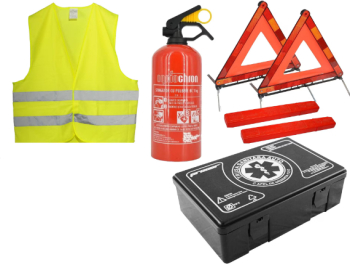 Kit complet siguranta auto omologat R.A.R. valabil 5 ani - 1x Trusa prim ajutor 2x Triunghi 1x Stingator 1x Vesta reflectorizanta