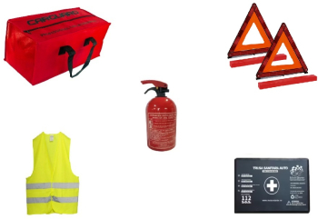 Kit Siguranta Auto Omologat Geanta depozitare Trusa medicala Stingator pulbere P1 Vesta Triunghiuri reflectorizante