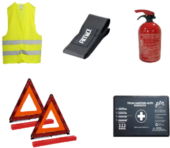 Kit siguranta auto omologat R.A.R. - Stingator P1 cu Suport Velcro Trusa Medicala Vesta Reflectorizanta 2xTriunghiuri 