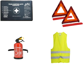 Kit siguranta auto omologat R.A.R. valabilitate 5 ani Trusa prim ajutor 2xTriunghi Stingator Vesta reflectorizanta 