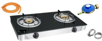 Pachet - Aragaz inox 2 ochiuri 72x38 cm Blat sticla neagra Utilizare cu GPL gaz butan + Ceas butelie + 2 metri furtun gaz + 2 buc 