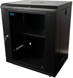 Cabinet 19″ spacer 12u 500x450mm fixare pe perete flatpack (dezasamblat) black usa sticla cu blocare panouri detasabile 