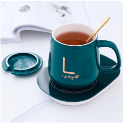 Set cadou cana ceramica inteligenta cu incalzitor la priza lingurita si capac 350ml verde 