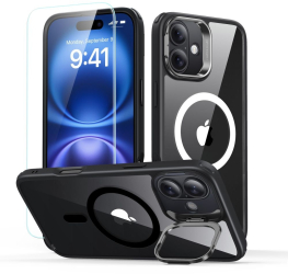 Husa pentru iPhone 16 Plus + Folie - ESR Classic Hybrid HaloLock Kickstand - Clear Black 