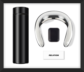 Pachet Cadou Premium Cana cu Afisaj Casti Wireless si Aparat de Masaj &ndash Eleganta si Relaxare intr-un Design Negru Modern 