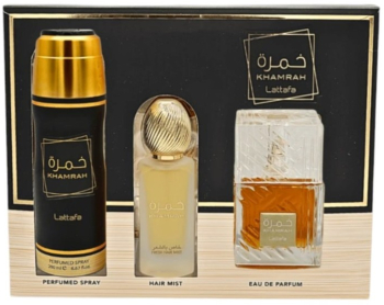 Set cadou unisex Lattafa Khamrah EDP 100 ml + 200 ml spray deodorant + 50 ml ceata pentru par