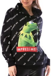 Hanorac dama Froggy cu gluga flausat imprimeu broscuta si text bumbac L negru
