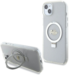 Husa pentru iPhone 15 Plus - Guess Ring Stand Script Glitter MagSafe GUHMP15MHRSGSD - Clear 