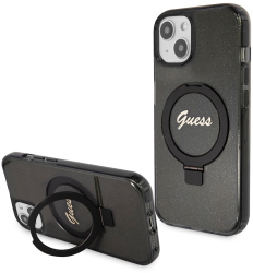 Husa pentru iPhone 15 Plus - Guess Ring Stand Script Glitter MagSafe GUHMP15MHRSGSK - Black 
