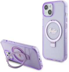 Husa pentru iPhone 15 Plus - Guess Ring Stand Script Glitter MagSafe GUHMP15MHRSGSU - Purple 