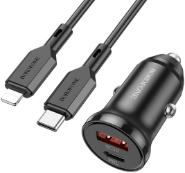 Incarcator Auto Borofone Bz18a Dual Usb A Qc 18w Usb C Pd 20w Cu Cablu Type C - Compatibil Cu iPhone - Negru