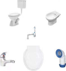 Set WC cu bideu stativ Tempo Line 38.5 x 36 5 x 48 5 cm ceramica sanitara cu rezervor capac wc sistem de fixare baterie si sifon de scurgere