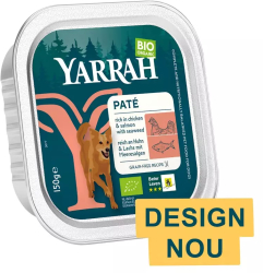 Hrana umeda bio pentru caini bucati de carne de pui si somon 150g Yarrah 