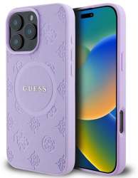 Husa pentru iPhone 16 Pro Max - Guess Saffiano Peony Classic Logo MagSafe GUHMP16XPSAPSMEU - Purple 
