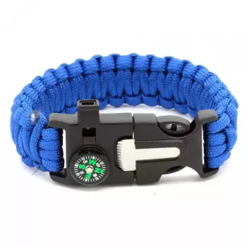 Bratara de supravietuire in aer liber tip army 5 in 1 paracord busola fluier cutit cremene albastra 26 cm 