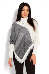 Poncho dama Diana cu maneca lunga guler inalt tip pulover franjuri tricotat universal alb galbui cu gri melange