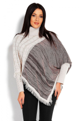 Poncho dama Diana cu maneca lunga guler inalt tip pulover franjuri tricotat universal bej cu maro melange
