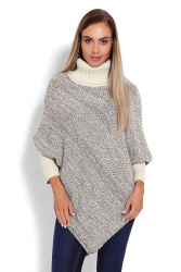 Poncho dama Eve cu maneca lunga guler inalt tip pulover tricotat universal bej cu bleumarin