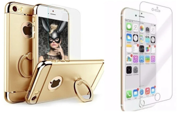 Pachet husa Apple iPhone 6/6S MyStyle Elegance Luxury 3in1 Ring Gold folie de sticla gratis 