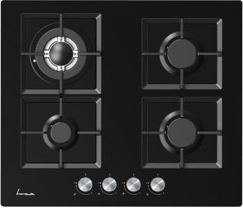 Plita incorporabila Fram FBH-M4IWF-GBK Gaz 4 arzatoare Gratar fonta Wok Aprindere electrica Dispozitiv de siguranta 60 cm Sticla neagra 